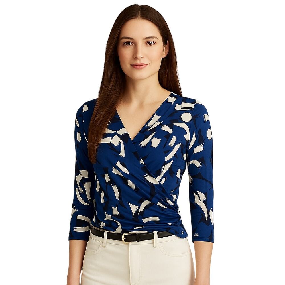 Lauren Ralph Lauren Blue Abstract Print Faux Wrap Ruched Top Petite S
